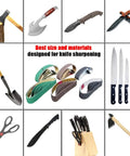 24 Piece Knife Sharpener Sanding Belt Kit Three Quarter Inch By Twelve Inch Replacement Belts With 80 120 240 400 1000 And 1200 Grits For Sharpener Ken Onion Edition, surrounded by various cutting tools like knives, scissors, and axes. Centered are replacement belts for sharpening.