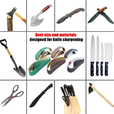 24 Piece Knife Sharpener Sanding Belt Kit Three Quarter Inch By Twelve Inch Replacement Belts With 80 120 240 400 1000 And 1200 Grits For Sharpener Ken Onion Edition, surrounded by various cutting tools like knives, scissors, and axes. Centered are replacement belts for sharpening.