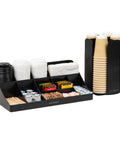 Cup Carousel And Condiment Organizer Set For Countertop Coffee Bar, Space Saving 11 Compartment Two Tier Organizer With 4 Compartment Cup And Lid Holder, Keeps Cups Lids Condiments Handy In Small Kitchens Black displayed.