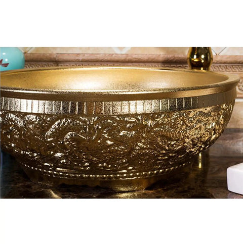 Premium Gold Ceramic Round Vessel Sink For Bathroom Countertop Vanity With A Slick Scratch Resistant Glaze And Easy Maintenance Design For Daily Home Use, detailed texture view.