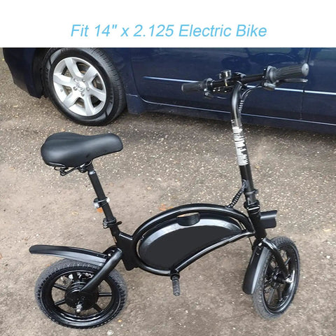 2 Pack 14x2.125 Inner Tubes For 14 Inch Electric Scooters And Ebikes With Angled Valve Stem displayed on an ebike