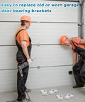 Two workers installing 6 Piece Garage Door Track Bracket Set For 2 Inch Track Doors Includes 3 Eighths Inch Brackets Torsion Spring