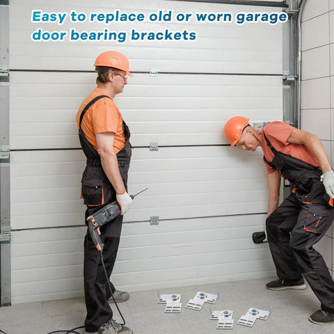 Two workers installing 6 Piece Garage Door Track Bracket Set For 2 Inch Track Doors Includes 3 Eighths Inch Brackets Torsion Spring