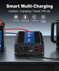 Three Thousand Watt Power Inverter From 12V DC To 110V 120V AC With 6000W Peak LCD Display on table with battery and kettle