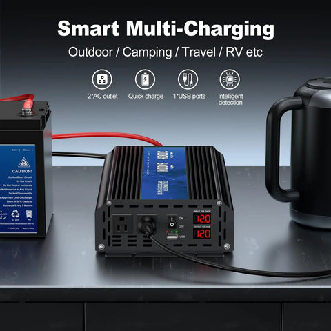 Three Thousand Watt Power Inverter From 12V DC To 110V 120V AC With 6000W Peak LCD Display on table with battery and kettle