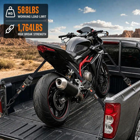Heavy Duty Self Retracting Tie Down Straps 4 Pack No Drama Auto Retract System With Tangle Free Webbing 1 Inch By 10 Feet securing a motorcycle in a truck bed.