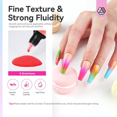 Airbrush Gel Nail Polish Set With 12 Vitality Colors Hema Free Dilution Free Non Acetone Formula showing colorful French ombre nails