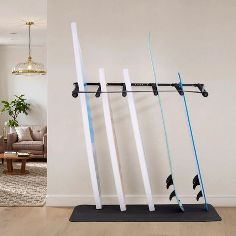 Keep Your Sick Gear Organized With This Heavy Duty Surfboard Wall Mount Vertical Paddle Board Rack Featuring Hella Secure Rubber Padding For Effortless Garage Storage And Zero Clutter Vibes with four surfboards.