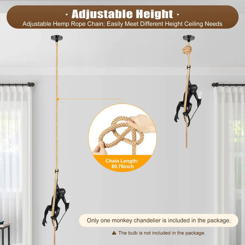 Vintage Resin Hemp Rope Monkey Chandelier Pendant Lamp With Edison Style Bulb Fixture E26 adjustable height display.
