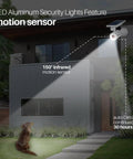 No Fuss Solar Motion Lights Waterproof Metal Body Outdoor Security Flood Lights With PIR Motion Sensor shining on yard