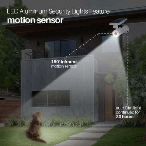 No Fuss Solar Motion Lights Waterproof Metal Body Outdoor Security Flood Lights With PIR Motion Sensor shining on yard