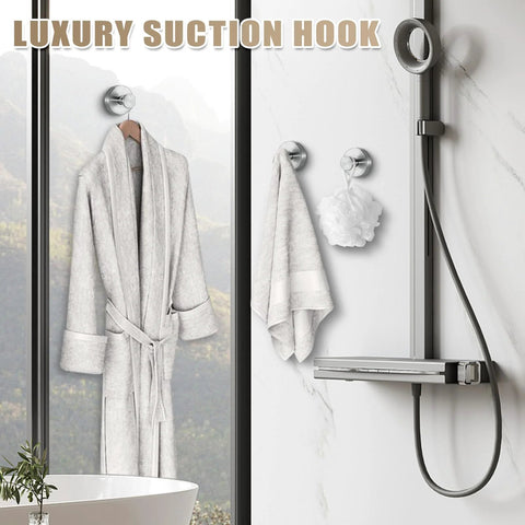 Suction Cup Hooks for Shower and Bathroom No Drill Installation holding robe and towel on glass shower wall