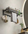 Space Saving 24 Inch Wall Mounted Towel Rack With Foldable Shelf And 7 Hooks No Assembly Required Black Bathroom Organizer