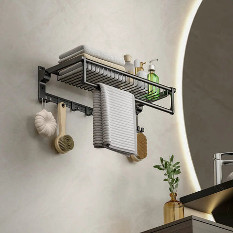 Space Saving 24 Inch Wall Mounted Towel Rack With Foldable Shelf And 7 Hooks No Assembly Required Black Bathroom Organizer
