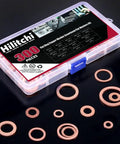 Copper Washer Set 300 Piece Flat Ring Assortment Kit With 12 Size Range M5 M20 in open case displayed on black background