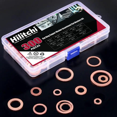 Copper Washer Set 300 Piece Flat Ring Assortment Kit With 12 Size Range M5 M20 in open case displayed on black background