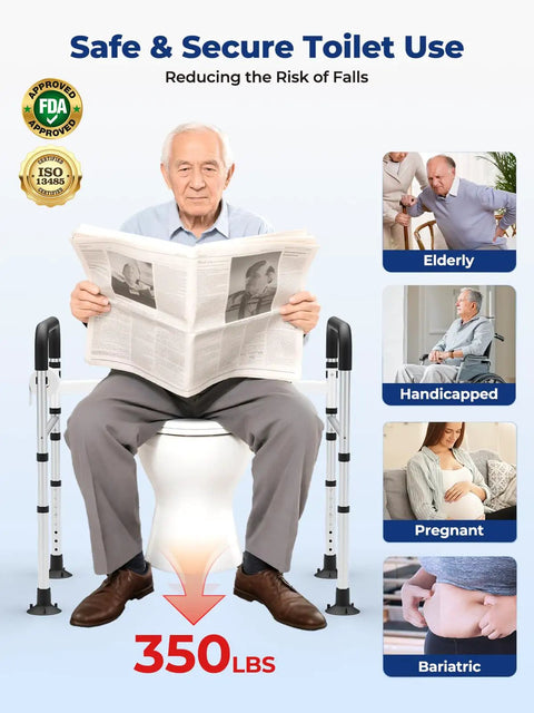 Rock Solid Adjustable Toilet Safety Rails, Foldable Assist Frame That Packs A Punch for Seniors and Bariatric Users used by elderly man sitting on a toilet with safety rails.