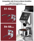Level Up Your Daily Cup With This Rock Solid Conical Burr Coffee Grinder Packing 48 Precision Settings And Butter Smooth Electric Grinding For Fresh Espresso To French Press Perfection In Sleek Silver portafilter compatibility display with two holder sizes in silver and black.