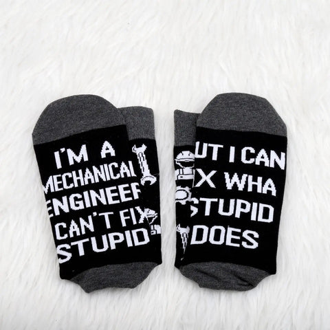 Two Pairs Mechanical Inspired Engineer Socks I Am A Mechanic I Cant Fix Stupid But I Can Fix What Stupid Does black and gray design