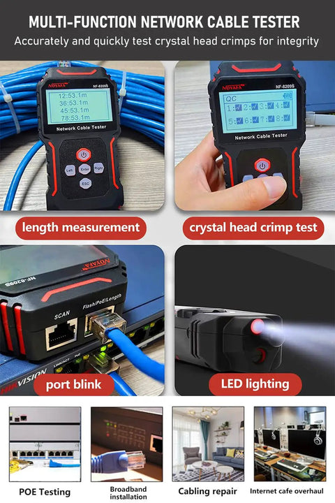 RJ45 Network Cable Tester With PoE And NCV Check, Cable Length Meter, Port Flashing Indicator, Supports CAT5 CAT6 CAT6a CAT7 displayed