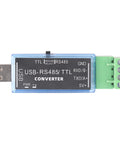 Plug And Play USB to TTL RS485 Serial Converter Module Adapter With USB to UART Debug Cable For Arduino Router PLC MCU Projects, Works On Windows Linux Mac, Switchable RS485 And TTL Signals, 5V Logic Compatible, close-up view.
