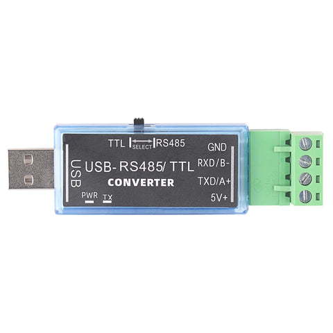 Plug And Play USB to TTL RS485 Serial Converter Module Adapter With USB to UART Debug Cable For Arduino Router PLC MCU Projects, Works On Windows Linux Mac, Switchable RS485 And TTL Signals, 5V Logic Compatible, close-up view.