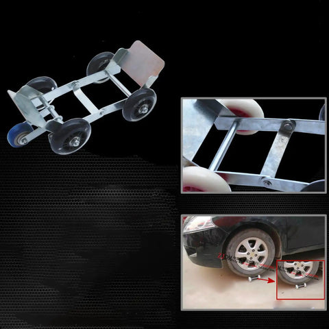 Heavy Duty Flat Tire Trolly Cart With 5 Smooth Rolling Wheels for Cars, showing steel frame and wheels in use.