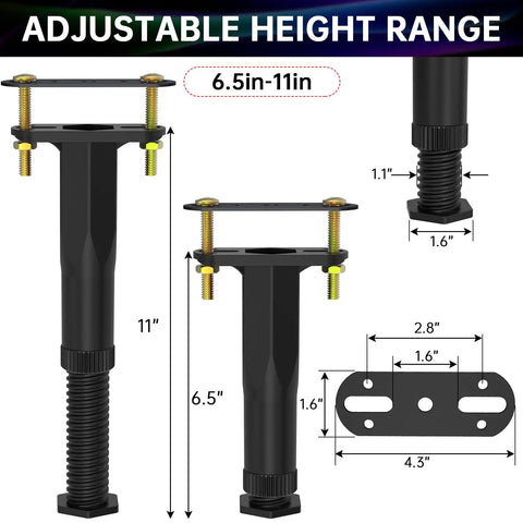 Game Changer Adjustable Center Support Legs For Bed Frames And Furniture Risers, 6.5 to 11 inches, sturdy black plastic design.
