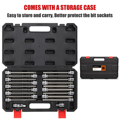 Three Eighths Inch Drive Long Ball End Hex Socket Set, Twenty Piece SAE And Metric Allen Bits in storage case, open view.