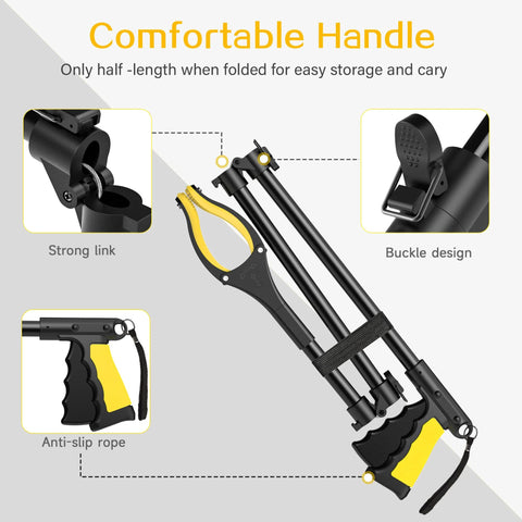 Front view of a 44-inch extra-long foldable grabber reacher with yellow and black handle and 4-inch anti-slip jaw.