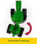 Top view of John Deere Farm Toy Set 1 64 Scale Tractors And Trucks Playset tractor showcasing articulated steering feature.