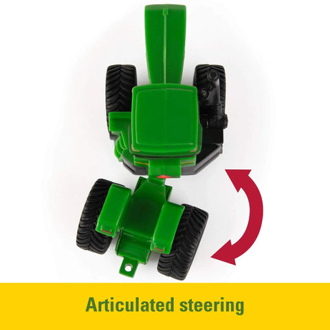 Top view of John Deere Farm Toy Set 1 64 Scale Tractors And Trucks Playset tractor showcasing articulated steering feature.