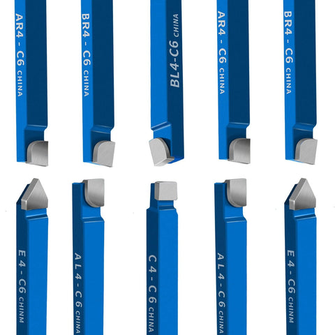 Lathe cutting tool set: ten blue carbide-tip bits for 1/4 in shanks