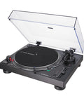 Audio-Technica At-Lp120Xusb-Bk Direct Drive Turntable Analog And USB Fully Manual Hi-Fi 3 Speed with clear cover open.