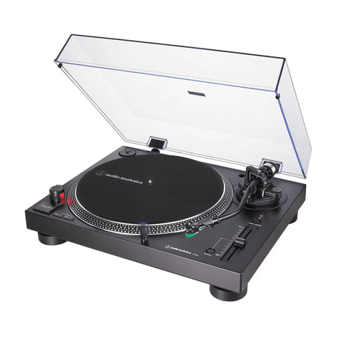 Audio-Technica At-Lp120Xusb-Bk Direct Drive Turntable Analog And USB Fully Manual Hi-Fi 3 Speed with clear cover open.