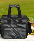 Grey Textured Insulated Picnic Backpack For Women And Men on picnic table with wine glasses and fruit