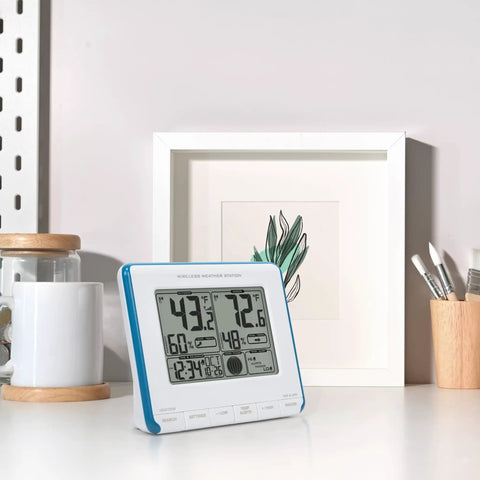 Wireless Weather Station All In One With Heat Index And Dew Point Indoor Outdoor Temperature And Humidity Monitor Teal Blue And White Display