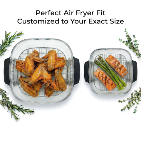 Premium 304 Stainless Steel Crisper Rack Set Compatible With Select Four Quart And Six Cup Air Fryers showcasing chicken wings and grilled salmon.