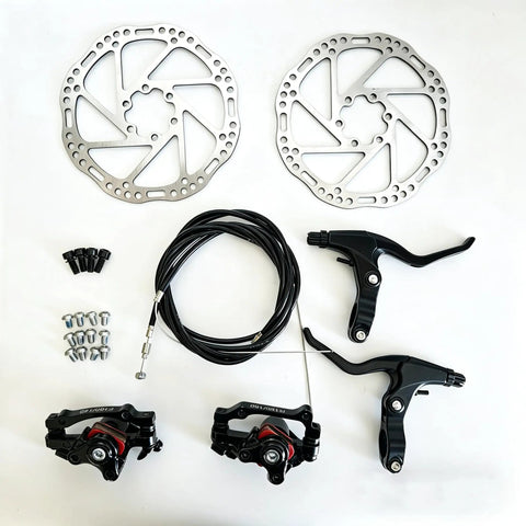 Front And Rear Mechanical Disc Brake Kit For 26 Inch Bicycles Mountain Bike Road Bike with two 160mm rotors and calipers.