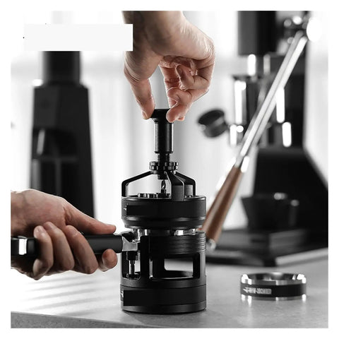 Pro Level 58mm Adjustable Espresso Puck Distribution Tool For Standard Portafilters Zero Mess Coffee Extraction in use.