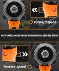 Close-up of a Beast Of A Cordless Impact Wrench With 450NM Torque And Brushless Motor showing forward and reverse speed controls.