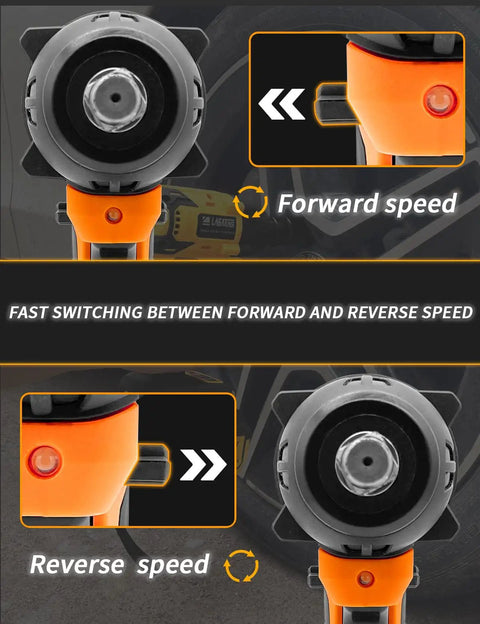 Close-up of a Beast Of A Cordless Impact Wrench With 450NM Torque And Brushless Motor showing forward and reverse speed controls.