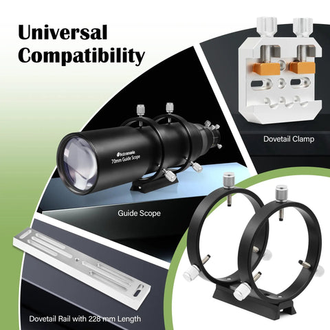 Adjustable Guiding Scope Ring Set With Plate, 90mm Inner Diameter, Pair, displayed with guide scope and dovetail clamp