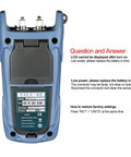 Back view of Fiber Optic Power Meter with Light Source for CCTV and Networking, SC FC Connector Test Tool, features Q&A text.