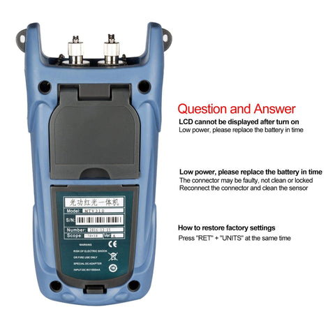 Back view of Fiber Optic Power Meter with Light Source for CCTV and Networking, SC FC Connector Test Tool, features Q&A text.