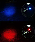 1000 Lumen Rechargeable LED Flashlight With Red Blue Front Light and White Side Light showcasing red and blue beam modes at night.