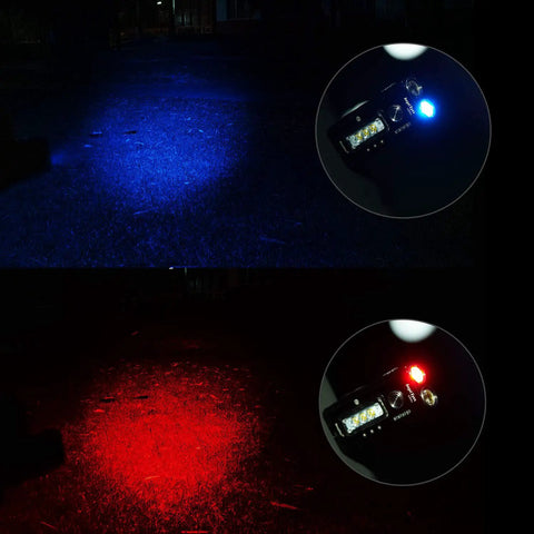 1000 Lumen Rechargeable LED Flashlight With Red Blue Front Light and White Side Light showcasing red and blue beam modes at night.