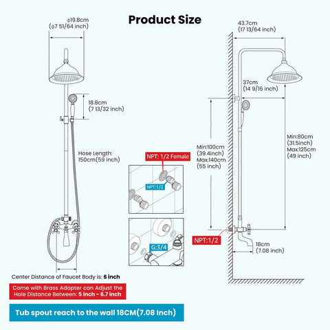 Exposed Shower Faucet System No Fuss All In One With 8 Inch Rainfall Head Tub Spout Handheld Spray sizes and dimensions diagram