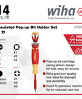 Insulated Pop Up Bit Holder Set Fourteen Piece Magnetic One Quarter Inch Drive For Slotted Phillips Square Pozidriv Bits Includes 4.5 5.5 6.0 mm And Phillips 0 1 2 3 Square 1 2 3 Pozidriv 1 2 3 Individually Tested To 10000 Volts AC packaging