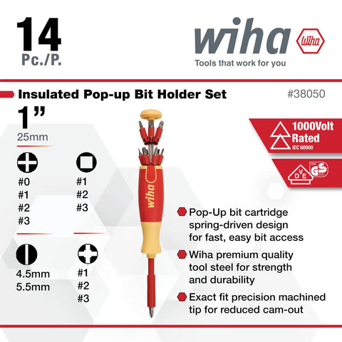 Insulated Pop Up Bit Holder Set Fourteen Piece Magnetic One Quarter Inch Drive For Slotted Phillips Square Pozidriv Bits Includes 4.5 5.5 6.0 mm And Phillips 0 1 2 3 Square 1 2 3 Pozidriv 1 2 3 Individually Tested To 10000 Volts AC packaging
